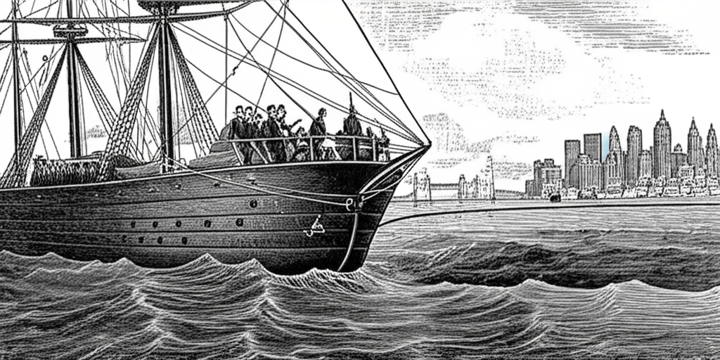 Historical illustration of a 19th-century transatlantic telegraph cable being laid between London and New York, with early financial news being transmitted