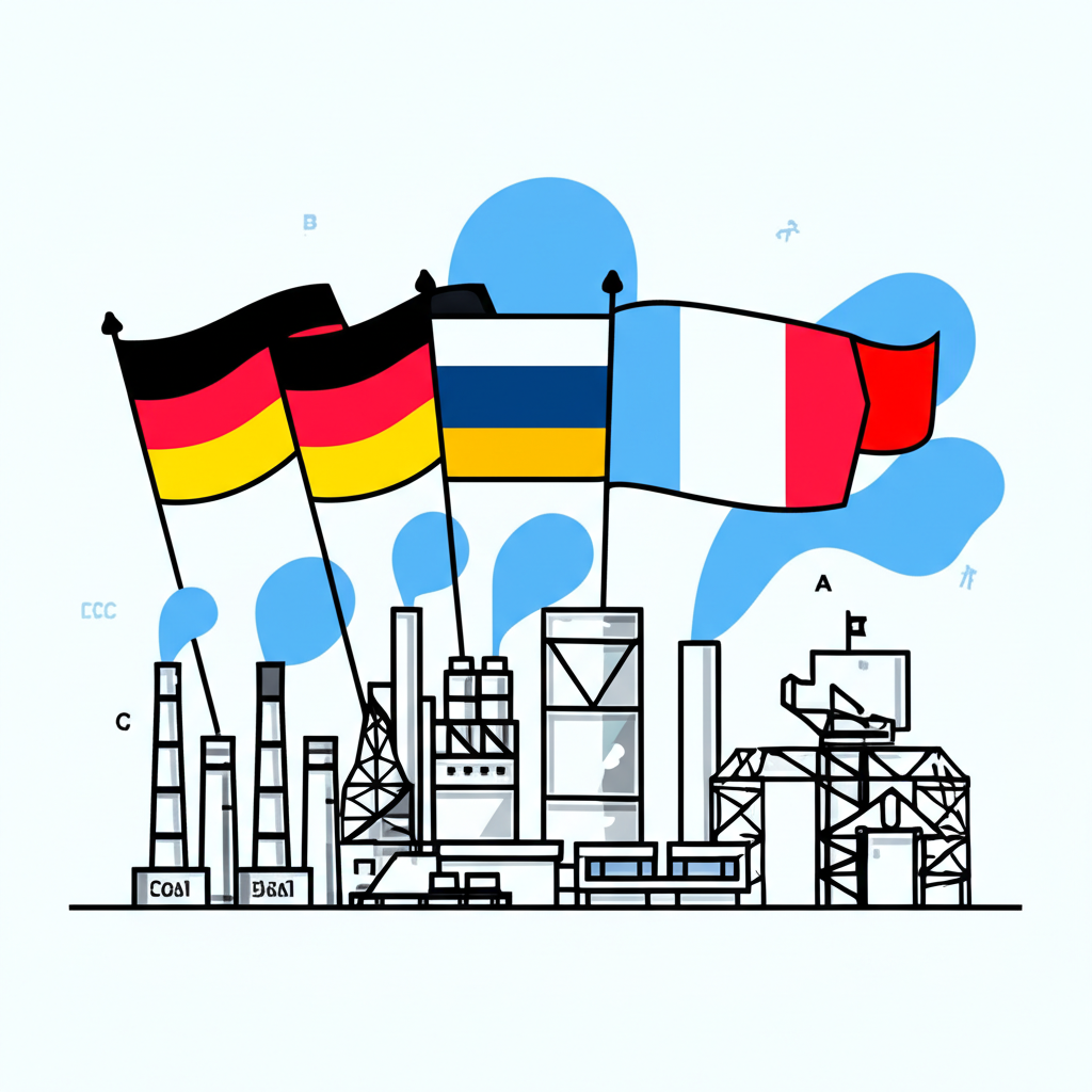 Illustration of the early stages of European integration, showing the merger of coal and steel industries among six founding countries forming the ECSC and EEC
