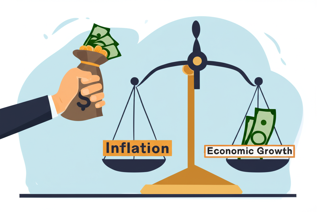 Illustration depicting a hand squeezing a money bag, reducing the flow of currency, with scales balancing inflation and economic growth, symbolizing tight monetary policy, in a clean, modern illustration style
