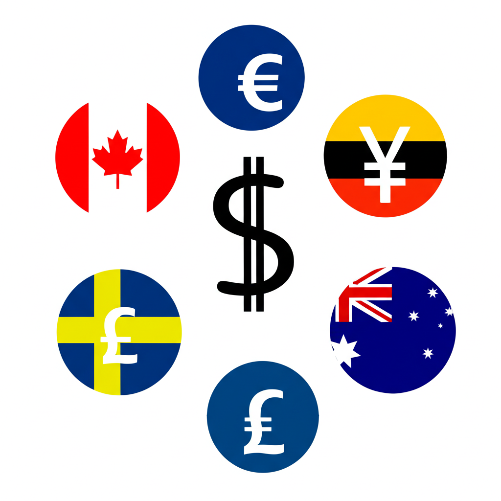 Seven national currency symbols orbiting a central US dollar, illustrating the composition of the BBDXY basket