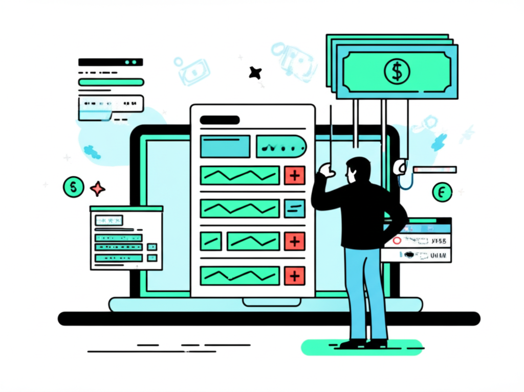 Interfaz digital engañosa que imita una plataforma legítima de trading de Forex, con una figura sombría detrás manipulando los controles; la pantalla muestra ganancias falsas