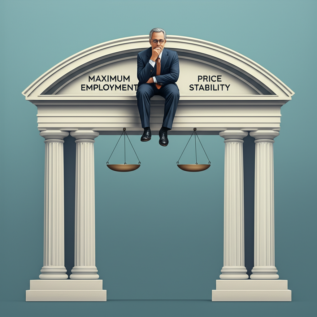 Illustration of two pillars labeled 'Maximum Employment' and 'Price Stability' supporting an arch, with a central bank figure carefully balancing them, representing the Fed's dual mandate, in a thoughtful, balanced illustration