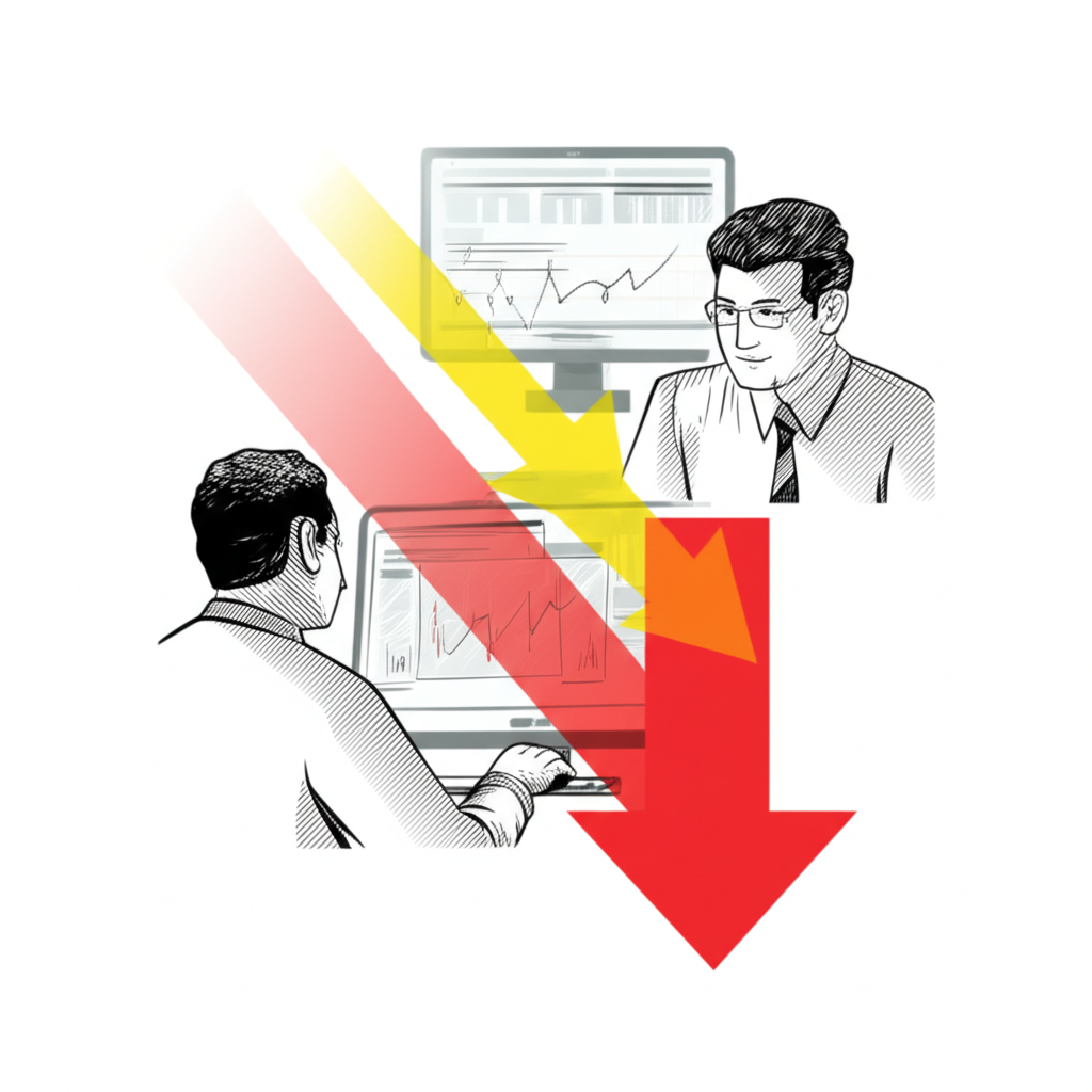 Illustration of a market dynamic, with a fading arrow representing weakening buying pressure and a strong opposing arrow representing potential reversal, with a trader observing on a screen, in an analytical illustration style