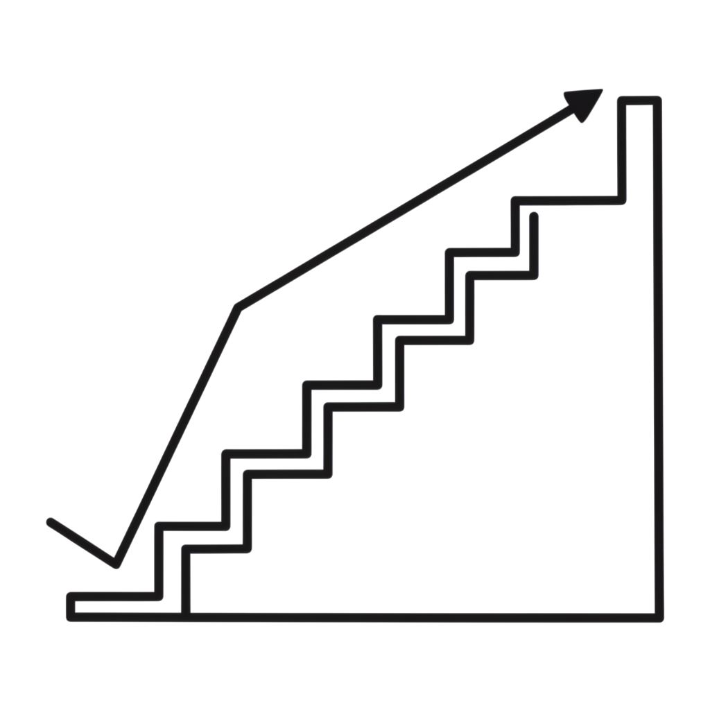 An illustration depicting a stock price climbing a staircase, taking a small step back (pullback) before continuing its ascent.