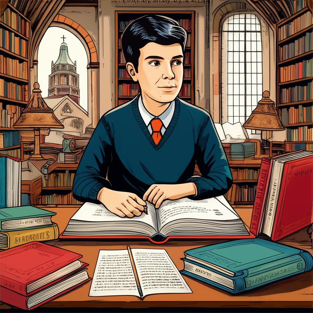 Illustration depicting a young Ben Bernanke in a library, surrounded by books on economics and history, with subtle hints of Harvard and MIT architecture in the background, showing his early academic curiosity, in an illustration style.