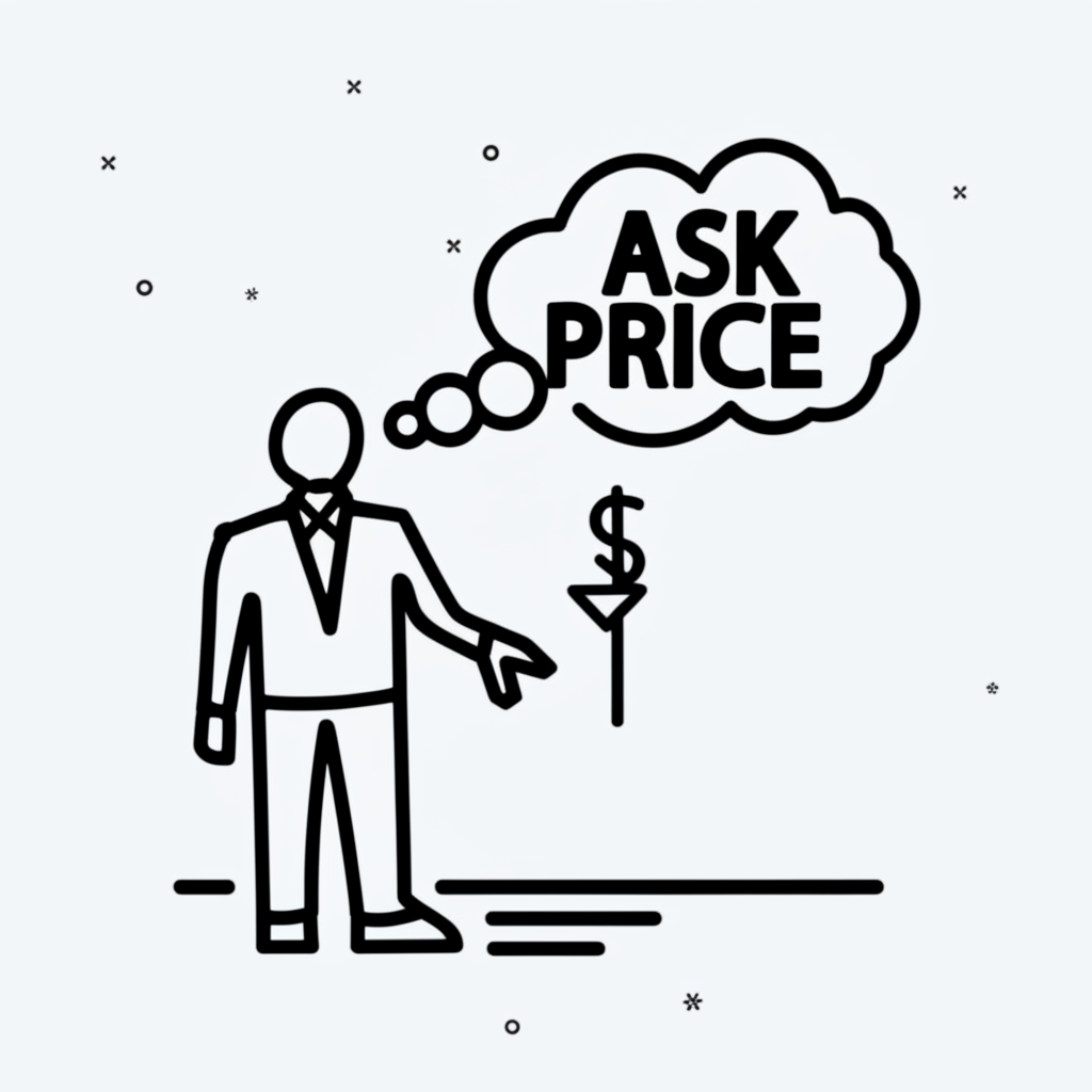 Illustration of a seller figure with a thought bubble showing a low price, interacting with a digital screen displaying an 'Ask Price' label