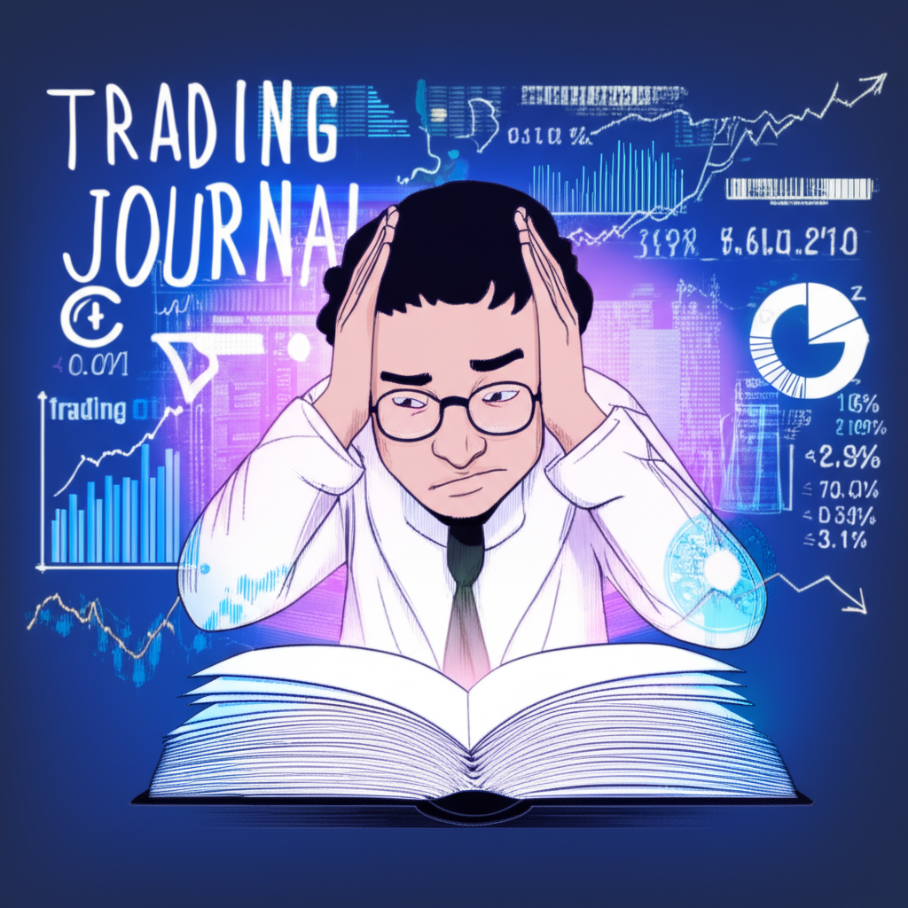 Illustration of a confused forex trader surrounded by chaotic charts, with a glowing trading journal guiding toward clarity