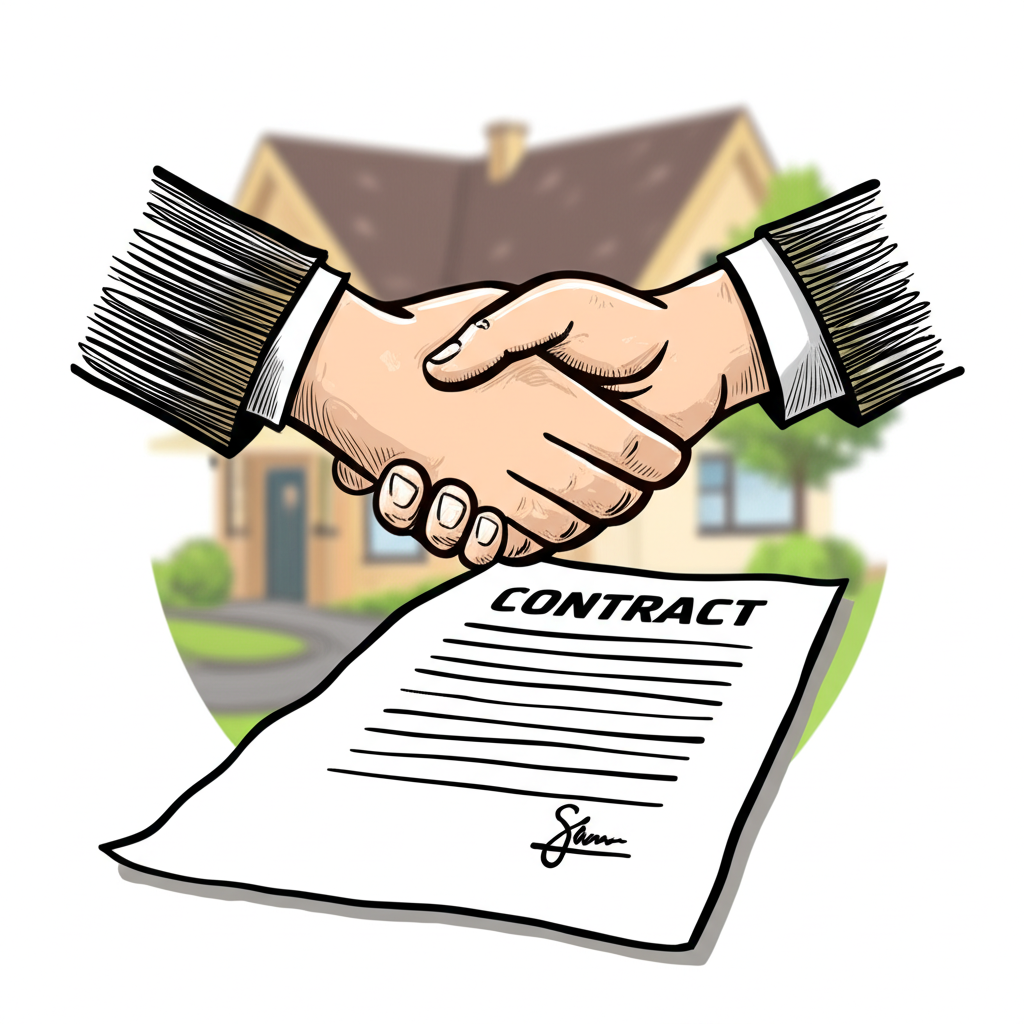 Illustration showing two hands shaking over a signed contract in front of a house, indicating a formal agreement for a pending home sale