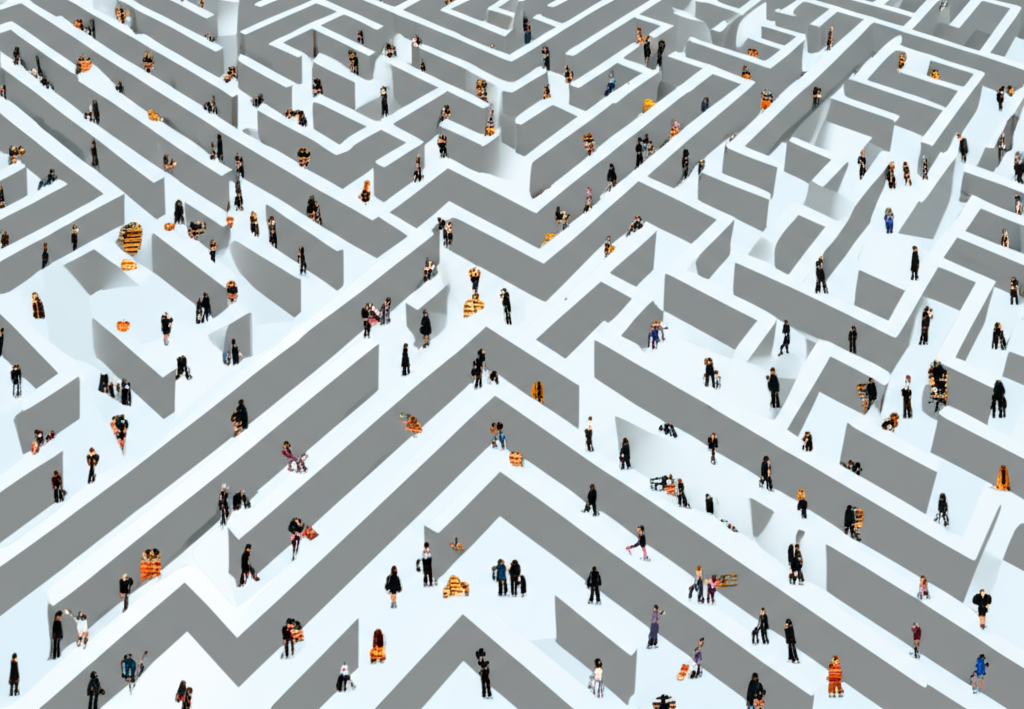 Illustration of most traders lost in a maze of market pitfalls, symbolizing high failure rates and emotional decision-making