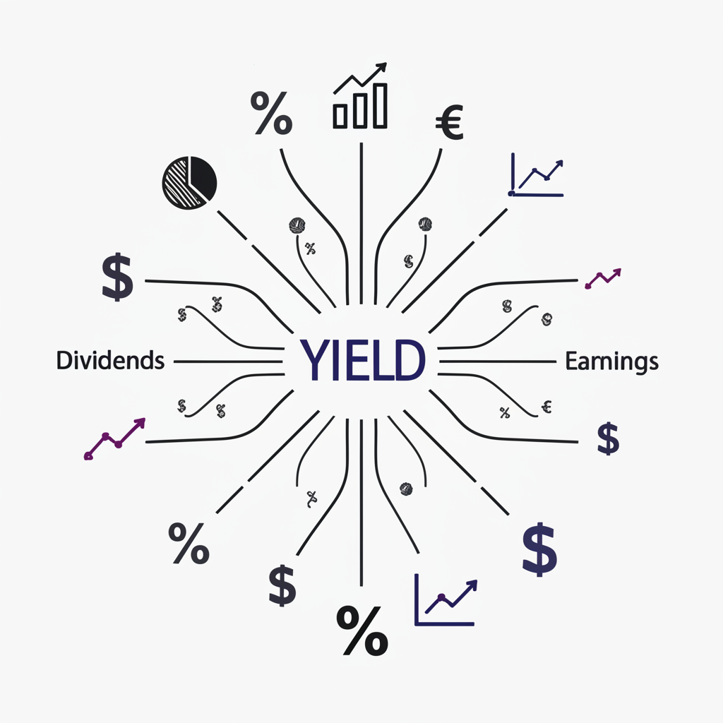 Visual representation of different financial metrics branching from a central 'yield' concept, including pie charts and bar graphs