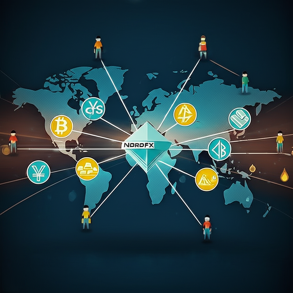 NordFX as a central hub connecting global financial markets including Forex, cryptocurrencies, metals, indices, and energies