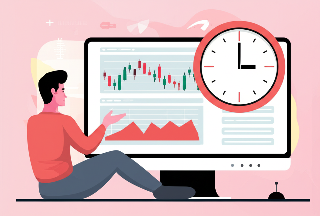 Illustration of a forex trader looking at multiple currency charts on a screen, with a clock icon emphasizing the NFA FIFO rule for closing earliest positions