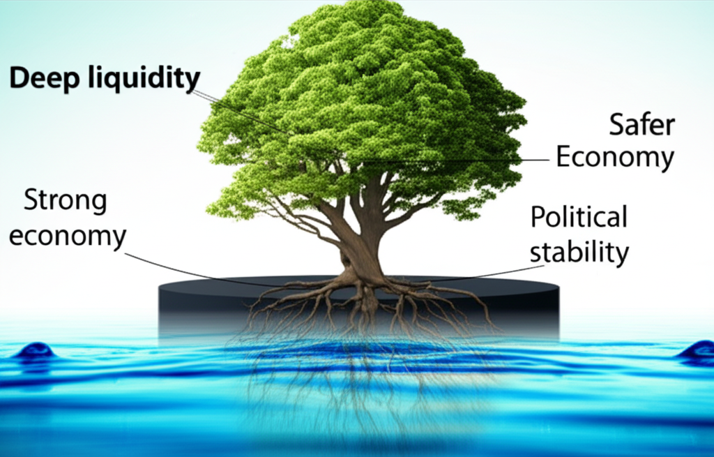 Visual representation of safe haven currency traits: liquidity, strong economy, political stability