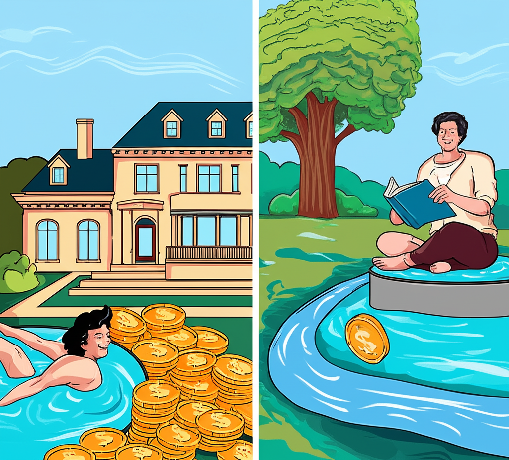 Illustration contrasting two definitions of wealth: one with luxury and excess, the other with financial independence and peace