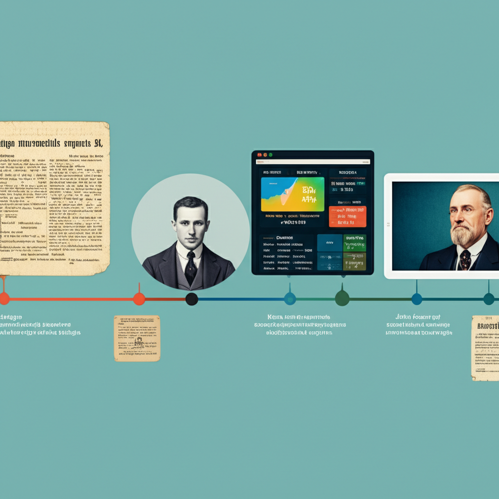 Historical timeline illustration of credit rating agencies from mercantile reports to modern digital platforms, featuring key figures like John Moody