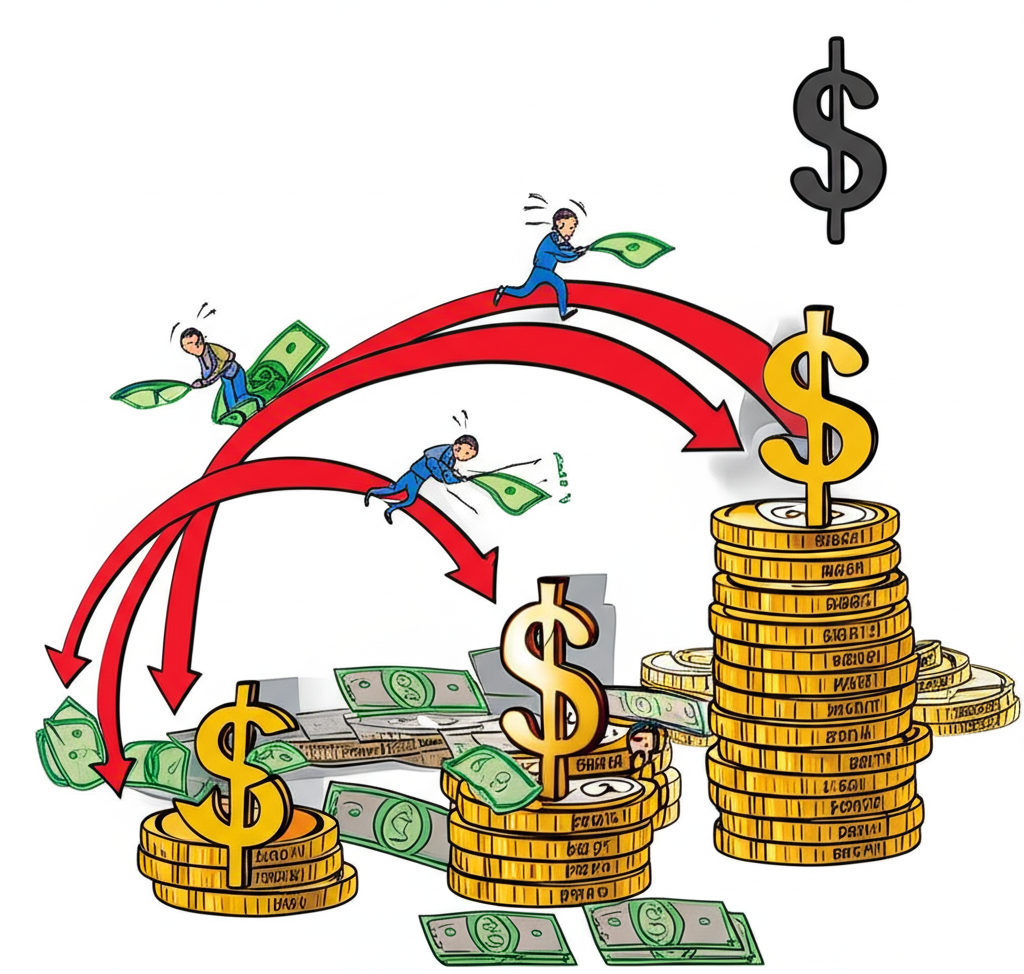 Depiction of investor psychology during crisis with capital shifting to stable currency symbols