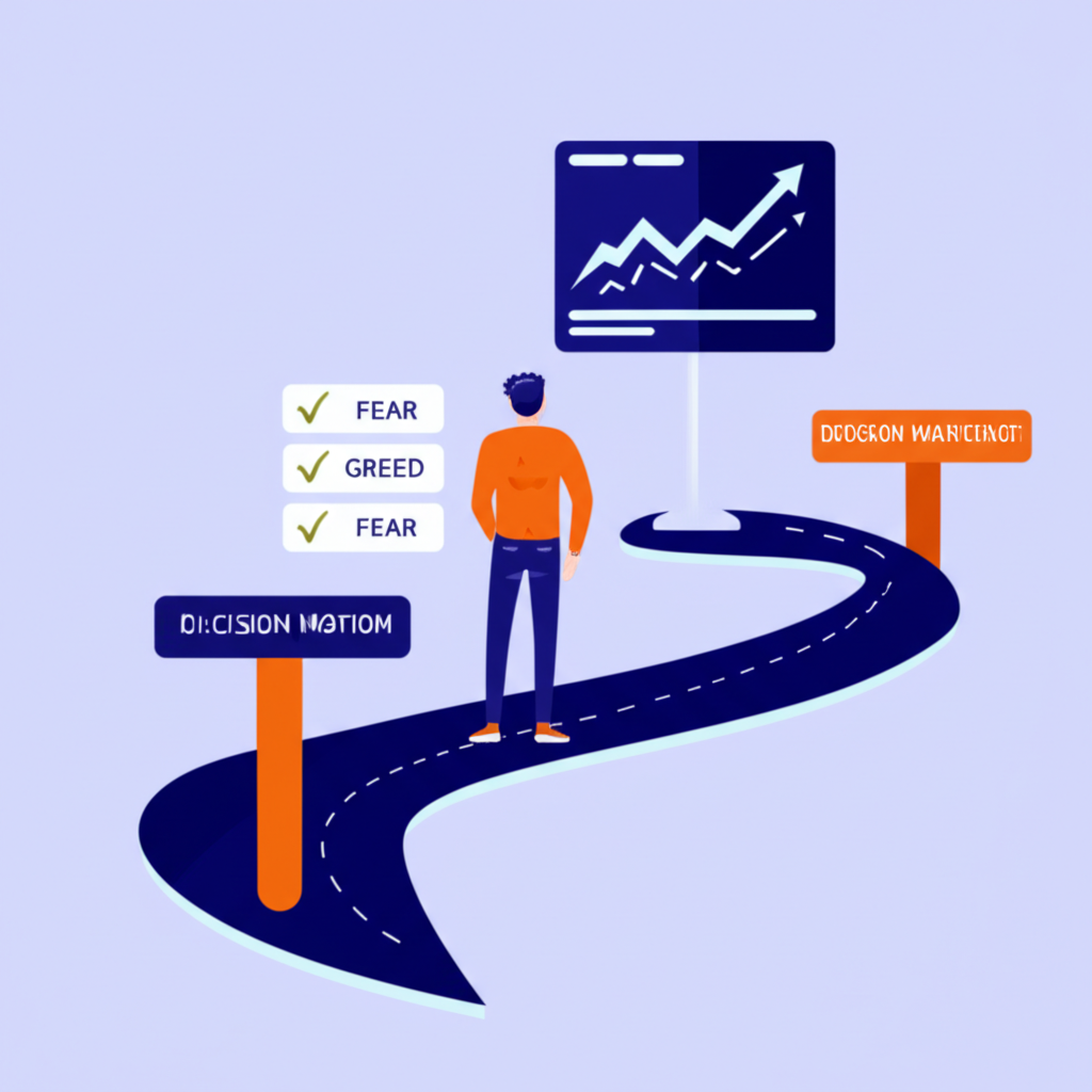 Illustration of a calm trader following a clear roadmap, with emotions like fear and greed minimized. Shows consistent decision-making and performance evaluation charts. Illustration style.