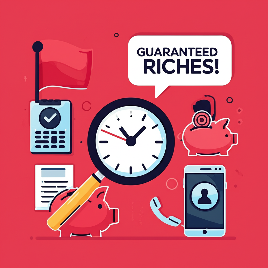 Infografía con banderas rojas de estafas en Forex: burbujas de diálogo con '¡Riquezas Garantizadas!', un reloj de urgencia, una lupa borrosa sobre documentos, una alcancía bloqueada y un icono de llamada desconocida