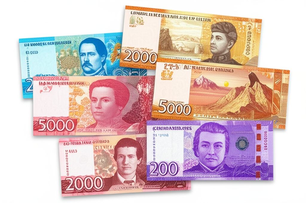 Artistic illustration of current Chilean Peso banknotes showcasing national heroes and natural landscapes