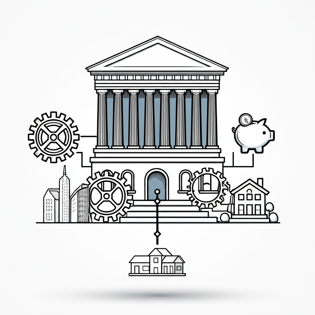 Central bank as foundational economic pillar influencing money flow to households, businesses, and savings