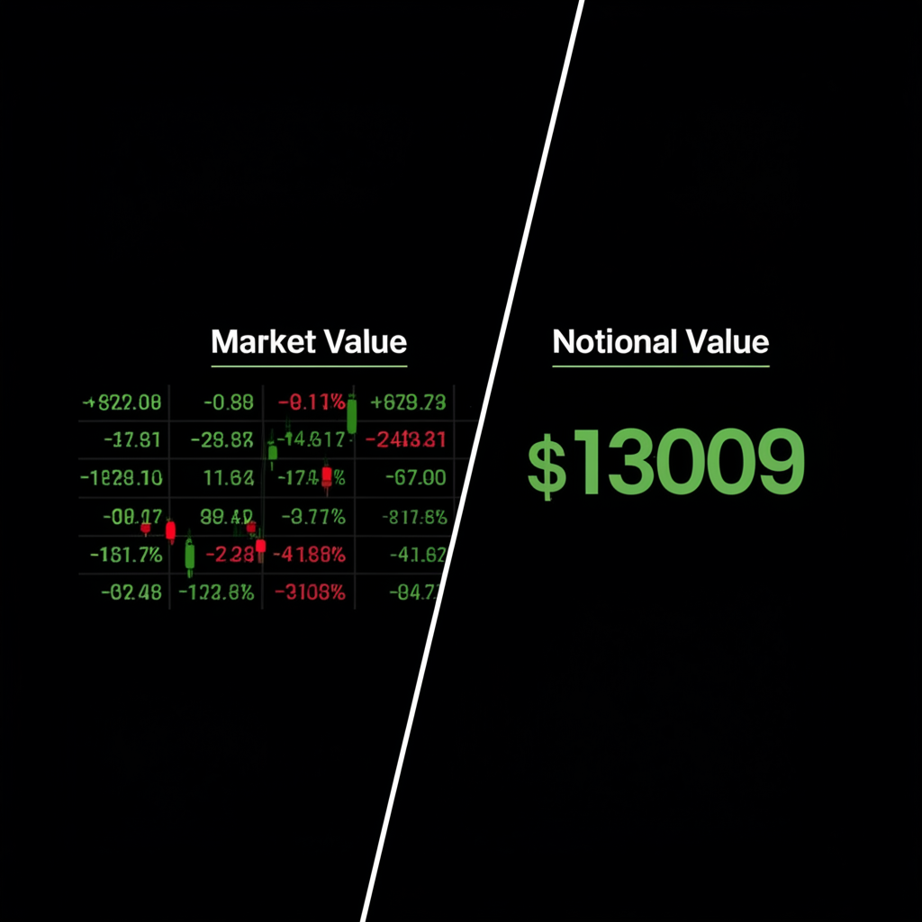 A financial calculator displaying the formula Notional Value = Contract Size x Price, with gears representing derivative components
