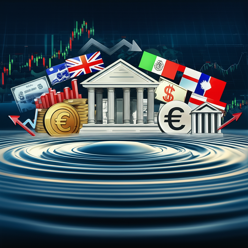 Illustration depicting interconnected global factors influencing forex volatility: economic reports (charts, graphs), central bank symbols (coins, interest rate arrows), and geopolitical events (flags, world map), all causing market ripples