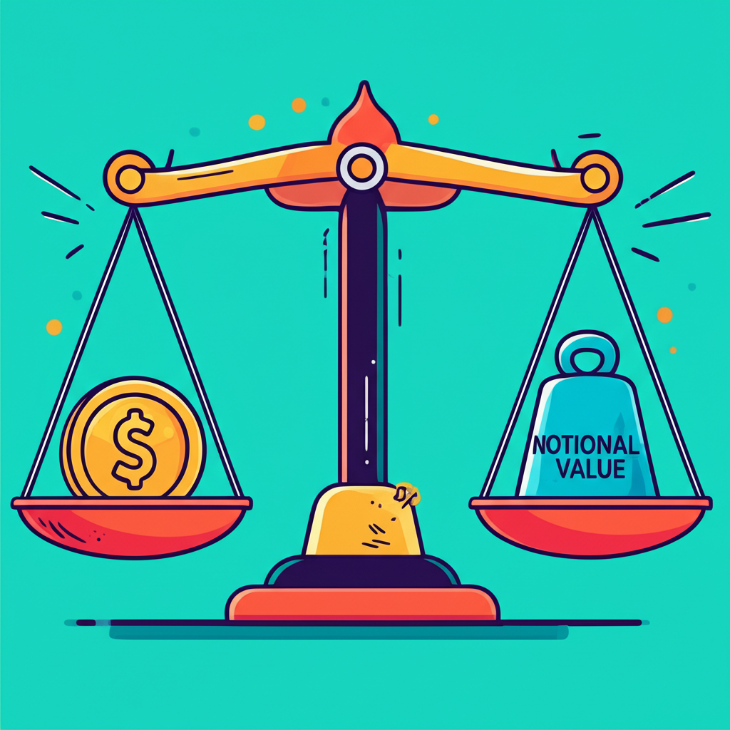 Illustration of a scale balancing a small market value coin against a large notional value weight, representing leverage and exposure in finance