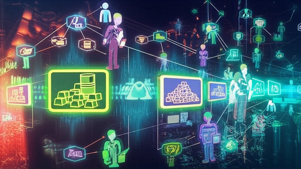 Illustration of a bustling digital market, showing stocks, bonds, commodities, and currencies exchanging instantly between buyers and sellers, symbolizing immediate delivery, settlement, and direct ownership transfer