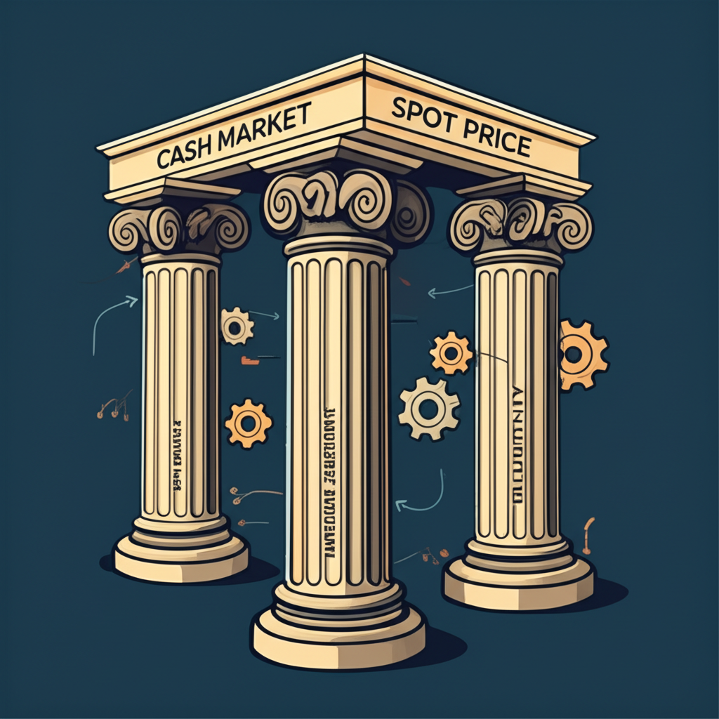 Illustration of cash market foundations: pillars symbolizing immediate settlement, spot price, transparency, and liquidity. Gears and arrows depict operational mechanisms, highlighting its role in valuation