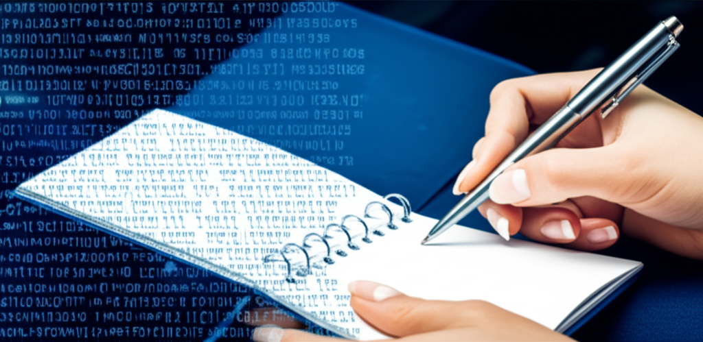 Illustration of a person writing in a diary with a secret code, words transforming into scrambled ciphertext, symbolizing digital privacy and cybersecurity