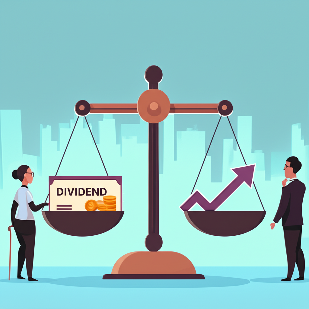 Diverse investors weighing dividend stocks versus growth stocks on a balance scale, symbolizing investment trade-offs