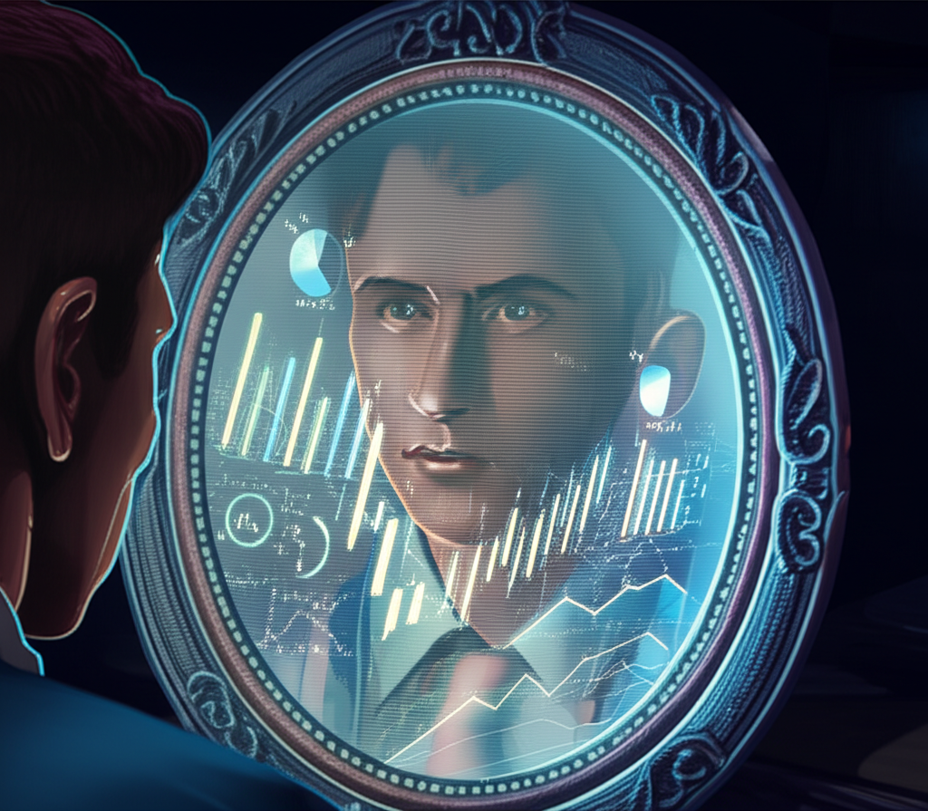 A focused trader looking into a mirror reflecting dynamic charts and performance data from their trading journal