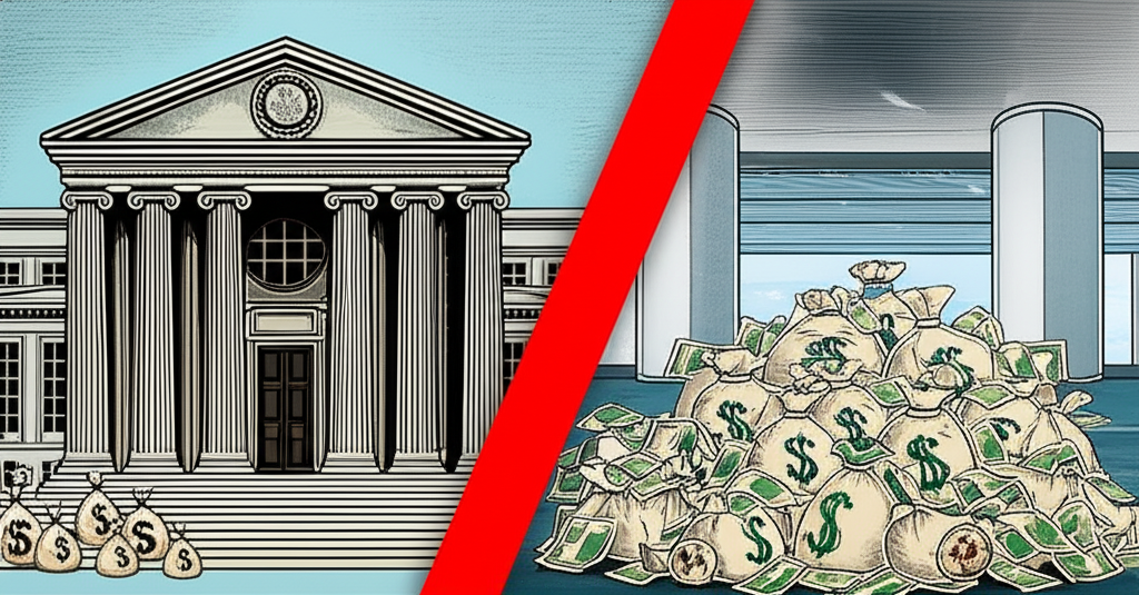 Illustration of historical central bank with scarce money transitioning to modern central bank overflowing with money, symbolizing the shift from limited to ample reserves