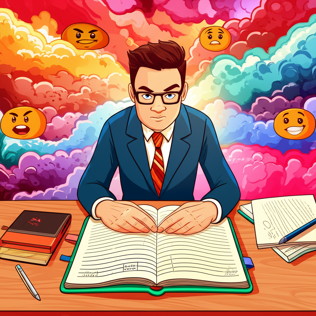 A trader at a desk with emotional clouds of fear and greed, calmed by an open trading journal promoting focus and discipline