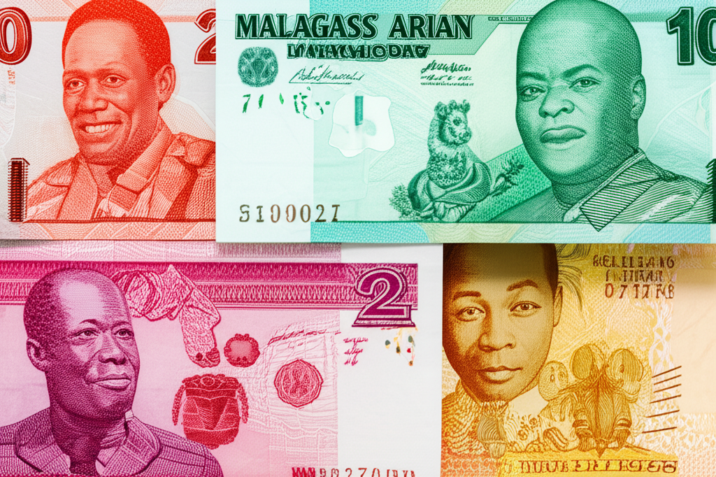 Historical illustration of Malagasy Franc notes transitioning into modern Malagasy Ariary notes