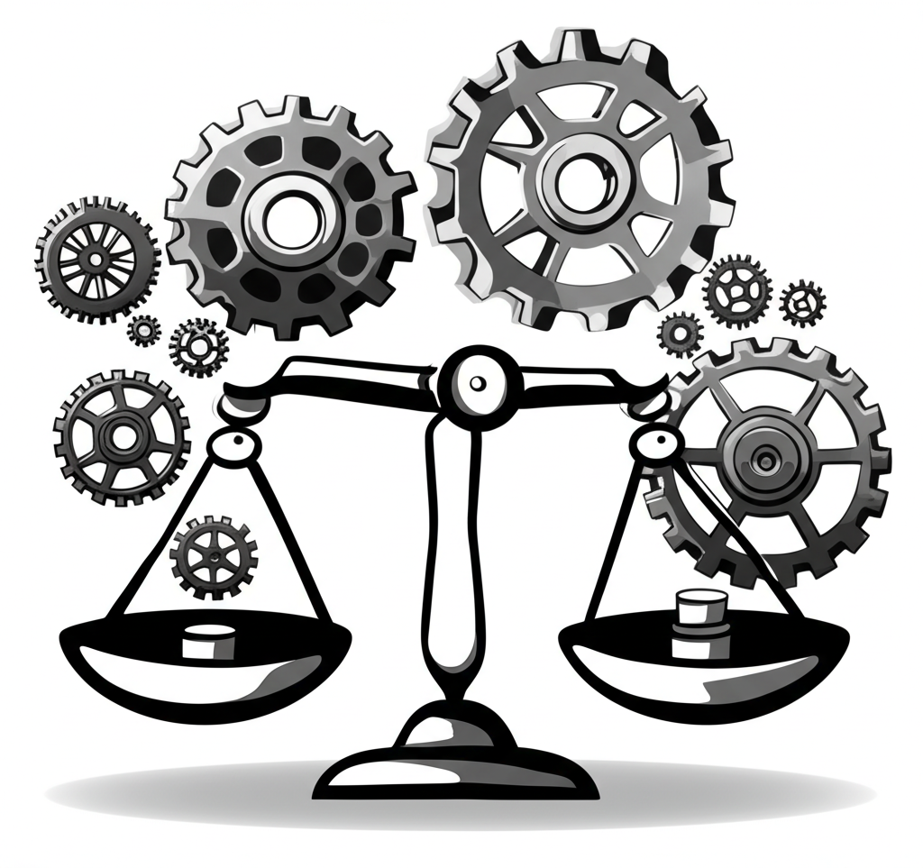 Visual representation of gears and scales symbolizing BBDXY's transparent and volume-based weighting methodology