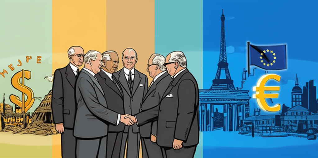 Illustration showing the historical journey of European integration from post-WWII devastation to unity and recovery