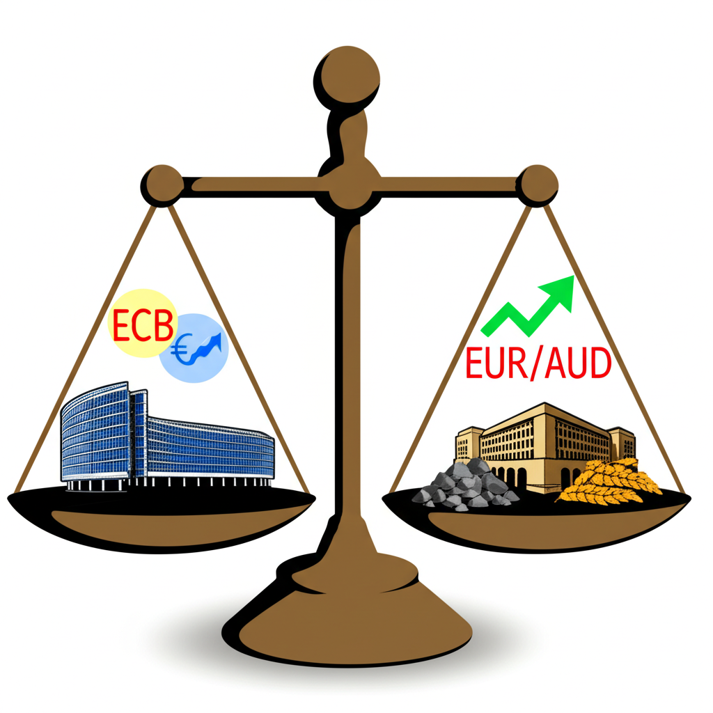 Illustration of a balanced scale with Eurozone economic indicators on one side (ECB building, growth charts) and Australian economic indicators on the other (RBA building, commodity symbols), showing their relative health influencing EUR/AUD.