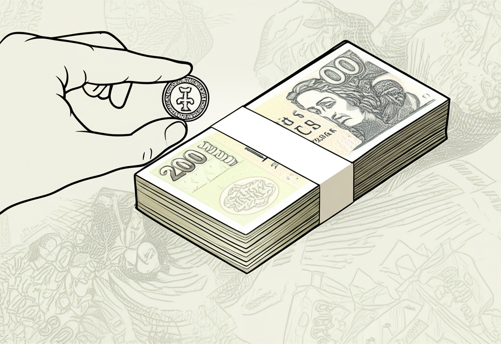 Illustration of a hand holding a Koruna coin beside a stack of Koruny banknotes, highlighting singular and plural forms