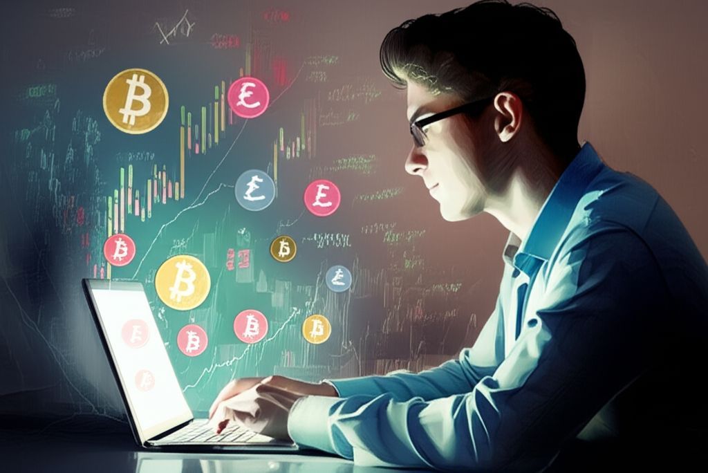 Illustration of a person dreaming of trading riches with financial charts and symbols floating around, contrasting fantasy with reality