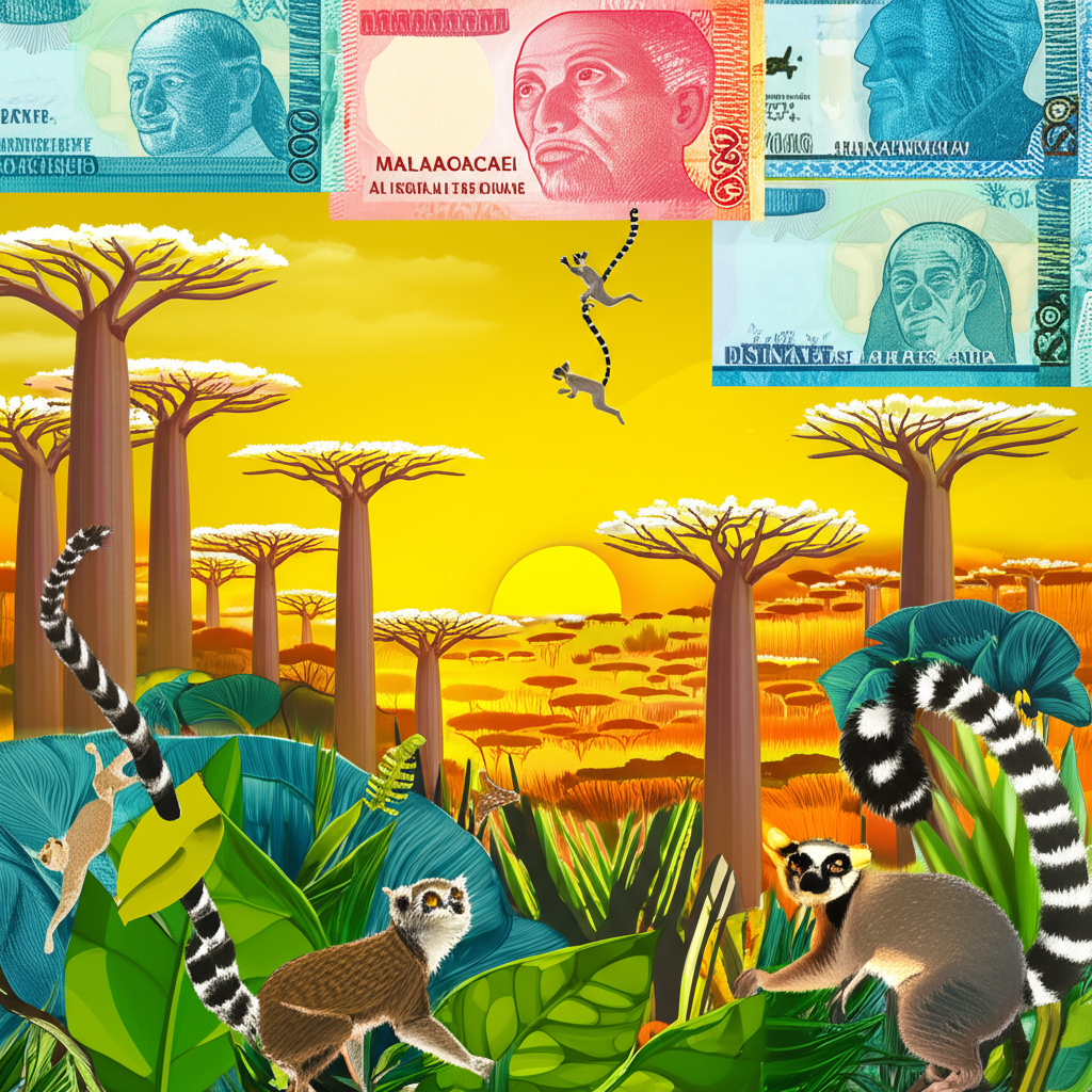 Madagascar landscape with lemurs, baobab trees, and Ariary banknote motifs symbolizing nature, culture, and currency