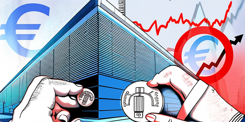 Illustration of the European Central Bank building with hands adjusting interest rate dials and charts showing inflation and GDP growth, impacting the strength of the Euro, in a financial news context.