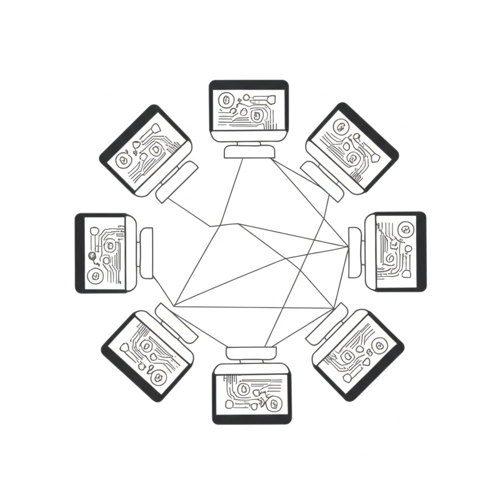 Illustration of multiple full nodes forming a secure, decentralized network that prevents fraud and ensures trustless operation