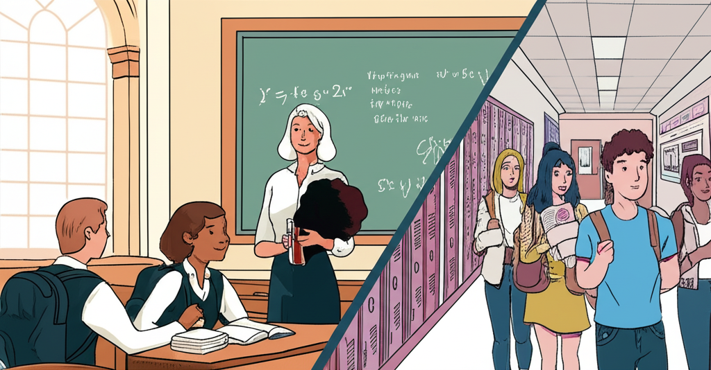 Illustration depicting a young Christine Lagarde in a French lycée, then transitioning to an American high school (Holton-Arms) with diverse cultural elements, emphasizing a foundational and broadening academic experience
