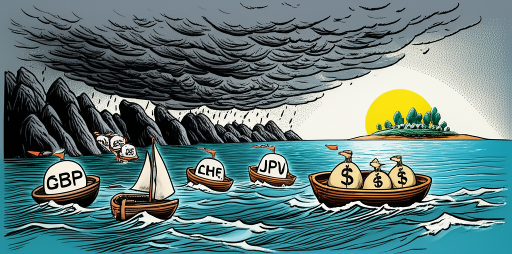 Illustration of investors moving capital from volatile markets to a calm island representing safe haven currencies