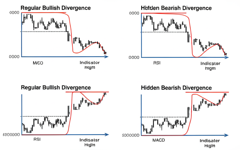 Illustration depicting two distinct chart scenarios side-by-side: one showing 'regular bullish divergence' with price making lower lows and indicator higher lows, and another showing 'hidden bearish divergence' with price lower highs and indicator higher highs, with clear labels, in a technical diagram illustration style