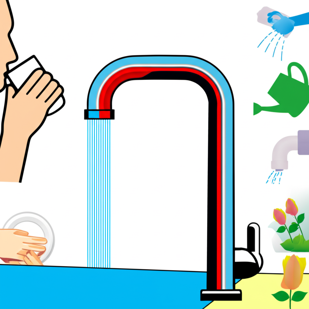 Infographic-style illustration showing hot and cold water lines mixing in a faucet, with background scenes of drinking, cleaning, and gardening