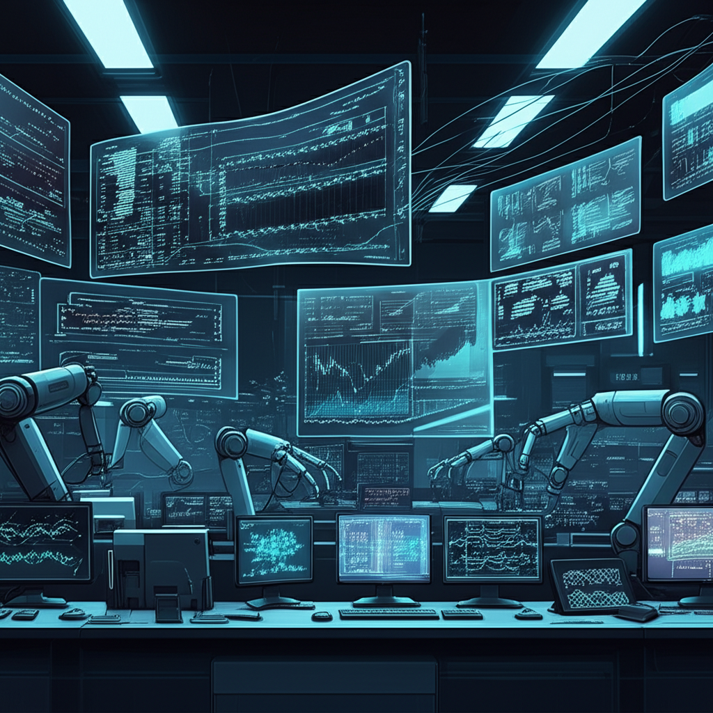 Illustration of Alameda Research leadership team including SBF, Caroline Ellison, and Sam Trabucco working with data streams and trading models