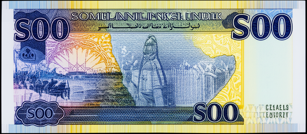 Illustration of the Somali Shilling (SOS) banknote, symbolizing Somalia's journey through colonial rule, civil war, and national reconstruction, set against a backdrop of the Horn of Africa