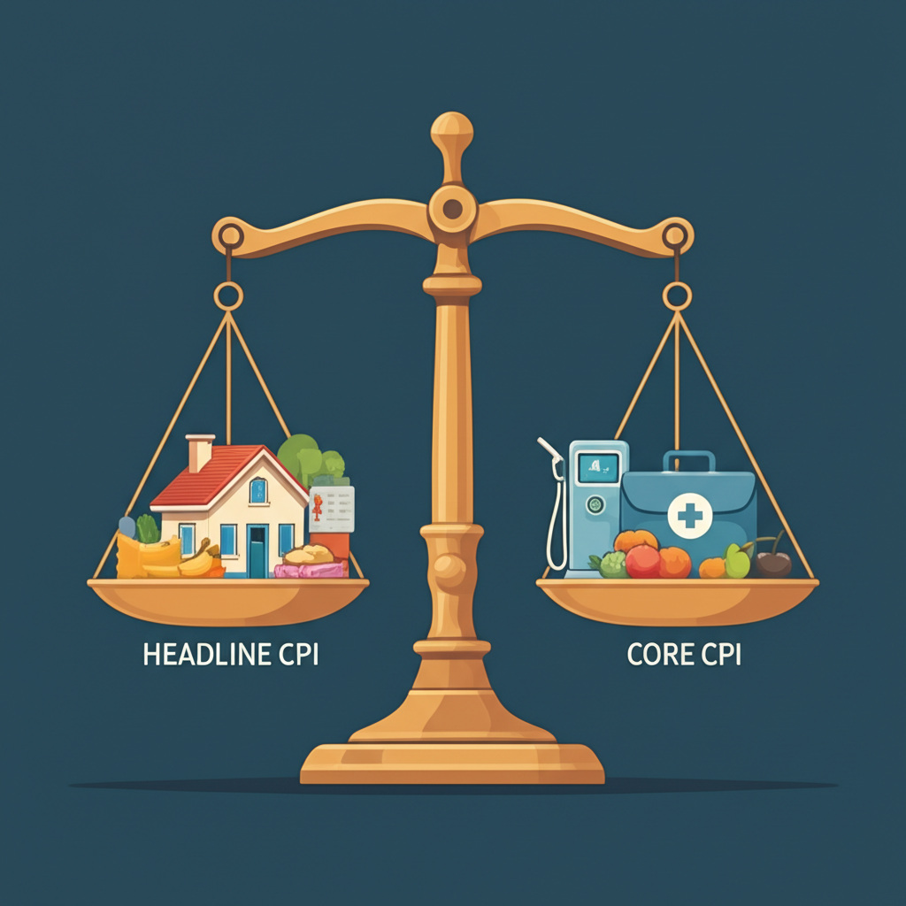 Illustration of a balanced scale with 'Headline CPI' and 'Core CPI' on either side, surrounded by icons representing housing, energy, food, and healthcare